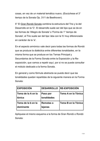 131
cosas, en vez de un material temático nuevo. (Escúchese el 3°
tiempo de la Sonata Op. 31/1 de Beethoven).
5° El Gran Rondó Sonata combina la estructura del Trio y la del
Desarrollo en la 'C'. El desarrollo suele ser del tipo que se da en
las formas de 'Allegro de Sonata' o 'Forma de 1° tiempo de
Sonata', el Trio suele ser del tipo 'aba con la 'b' muy diferenciada
en carácter de la 'a'.
En el aspecto armónico vale decir para todas las formas de Rondó
que se produce la dialéctica entre diferentes tonalidades, en la
misma forma que se produce en los Temas Principal y
Secundarios de la Forma Sonata entre la Exposición y la Re-
exposición, que vamos a repetir aquí, por si no se puede consultar
el módulo dedicado a la forma Sonata.
En general y como fórmula abstracta se puede decir que las
tonalidades quedan repartidas de la siguiente manera en la Forma
Sonata:
EXPOSICIÓN DESARROLLO RE-EXPOSICIÓN
Tema de la A en la
tónica
Paso por
tonalidades
Tema A en la Tónica
Tema de la b en la
dominante
Remotas o
lejanas
Tema B en la Tónica
Aplíquese el mismo esquema a la forma de Gran Rondó o Rondó
Sonata:
 
