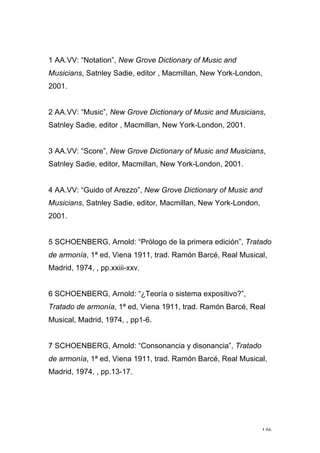 146
1 AA.VV: “Notation”, New Grove Dictionary of Music and
Musicians, Satnley Sadie, editor , Macmillan, New York-London,
2001.
2 AA.VV: “Music”, New Grove Dictionary of Music and Musicians,
Satnley Sadie, editor , Macmillan, New York-London, 2001.
3 AA.VV: “Score”, New Grove Dictionary of Music and Musicians,
Satnley Sadie, editor, Macmillan, New York-London, 2001.
4 AA.VV: “Guido of Arezzo”, New Grove Dictionary of Music and
Musicians, Satnley Sadie, editor, Macmillan, New York-London,
2001.
5 SCHOENBERG, Arnold: “Prólogo de la primera edición”, Tratado
de armonía, 1ª ed, Viena 1911, trad. Ramón Barcé, Real Musical,
Madrid, 1974, , pp.xxiii-xxv.
6 SCHOENBERG, Arnold: “¿Teoría o sistema expositivo?”,
Tratado de armonía, 1ª ed, Viena 1911, trad. Ramón Barcé, Real
Musical, Madrid, 1974, , pp1-6.
7 SCHOENBERG, Arnold: “Consonancia y disonancia”, Tratado
de armonía, 1ª ed, Viena 1911, trad. Ramón Barcé, Real Musical,
Madrid, 1974, , pp.13-17.
 