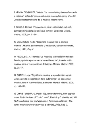 147
8 HEMSY DE GAINZA, Violeta: “La transmisión y la enseñanza de
la música”, actas del congreso Música y sociedad en los años 90,
Consejo Iberoamericano de la música, Madrid 1995.
9 DAVIS A. Robert: “Educación musical e identidad cultural”,
Educación musical para el nuevo milenio, Ediciones Morata,
Madrid, 2009, pp. 71-90.
10 SWANWICK, Keith: “desarrollo musical tras la primera
infancia”, Música, pensamiento y educación, Ediciones Morata,
Madrid, 1991, Cap V.
11 REGELSKI, A. Thomas: “La música y la educación musical:
Teoría y práctica para -marcar una diferencia-“, La educación
musical para el nuevo milenio, Ediciones Morata, Madrid, 2009,
pp. 21-47.
12 GREEN, Lucy: “Significado musical y reproducción social:
Defensa de la recuperación de la autonomía”, La educación
musical para el nuevo milenio, Ediciones Morata, Madrid, 2009,
pp. 103-121.
13 CHRISTENSON, G. Peter: “Equipment for living, how popular
music fits in the lives of Youth”, en C, Ravitch y C Viteritty ed, Kid
Stuff. Marketing, sex and violence in American childrens, The
Johns Hopkins University Press, Baltimore, 2003, Cap V.
 