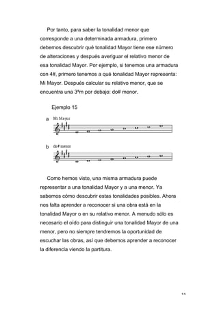 55
Por tanto, para saber la tonalidad menor que
corresponde a una determinada armadura, primero
debemos descubrir qué tonalidad Mayor tiene ese número
de alteraciones y después averiguar el relativo menor de
esa tonalidad Mayor. Por ejemplo, si tenemos una armadura
con 4#, primero tenemos a qué tonalidad Mayor representa:
Mi Mayor. Después calcular su relativo menor, que se
encuentra una 3ªm por debajo: do# menor.
Ejemplo 15
a
b
Como hemos visto, una misma armadura puede
representar a una tonalidad Mayor y a una menor. Ya
sabemos cómo descubrir estas tonalidades posibles. Ahora
nos falta aprender a reconocer si una obra está en la
tonalidad Mayor o en su relativo menor. A menudo sólo es
necesario el oído para distinguir una tonalidad Mayor de una
menor, pero no siempre tendremos la oportunidad de
escuchar las obras, así que debemos aprender a reconocer
la diferencia viendo la partitura.
 