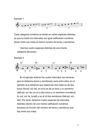 67
Ejemplo 1
Cada categoría numérica se divide en varias especies distintas,
ya que no todos los intervalos con igual calificación numérica
tienen entre sus notas el mismo número de tonos y semitonos.
Veamos cuatro especies distintas de una misma
categoría (terceras):
Ejemplo 2
En el ejemplo anterior los cuatro intervalos son terceras,
pero la distancia (tonos y semitonos) varía entre ellos: en el
ejemplo a) la distancia que separa las dos notas es de dos
tonos (fa-sol; sol -la); en el b) es de un tono y un semitono
(fa#-sol; sol -la); en el c) dos tonos y un semitono cromático(
fa -sol; sol -la; la-la#) y en el d) dos semitonos (fa#-sol; sol -
lab). Por tanto, tenemos cuatro especies de intervalos
distintas (dentro de una misma calificación numérica:
terceras) en función del número de tonos y semitonos que
hay entre sus notas.
 