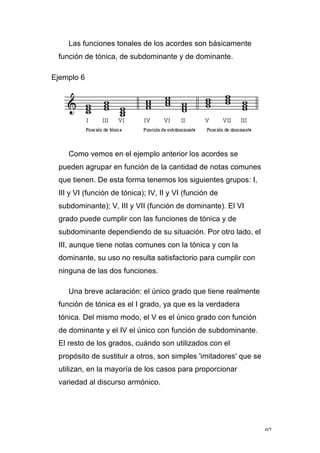 97
Las funciones tonales de los acordes son básicamente
función de tónica, de subdominante y de dominante.
Ejemplo 6
Como vemos en el ejemplo anterior los acordes se
pueden agrupar en función de la cantidad de notas comunes
que tienen. De esta forma tenemos los siguientes grupos: I,
III y VI (función de tónica); IV, II y VI (función de
subdominante); V, III y VII (función de dominante). El VI
grado puede cumplir con las funciones de tónica y de
subdominante dependiendo de su situación. Por otro lado, el
III, aunque tiene notas comunes con la tónica y con la
dominante, su uso no resulta satisfactorio para cumplir con
ninguna de las dos funciones.
Una breve aclaración: el único grado que tiene realmente
función de tónica es el I grado, ya que es la verdadera
tónica. Del mismo modo, el V es el único grado con función
de dominante y el IV el único con función de subdominante.
El resto de los grados, cuándo son utilizados con el
propósito de sustituir a otros, son simples 'imitadores' que se
utilizan, en la mayoría de los casos para proporcionar
variedad al discurso armónico.
 