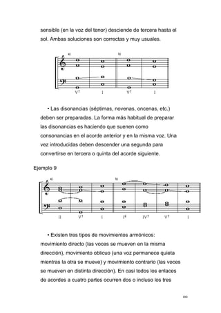 99
sensible (en la voz del tenor) desciende de tercera hasta el
sol. Ambas soluciones son correctas y muy usuales.
• Las disonancias (séptimas, novenas, oncenas, etc.)
deben ser preparadas. La forma más habitual de preparar
las disonancias es haciendo que suenen como
consonancias en el acorde anterior y en la misma voz. Una
vez introducidas deben descender una segunda para
convertirse en tercera o quinta del acorde siguiente.
Ejemplo 9
• Existen tres tipos de movimientos armónicos:
movimiento directo (las voces se mueven en la misma
dirección), movimiento oblicuo (una voz permanece quieta
mientras la otra se mueve) y movimiento contrario (las voces
se mueven en distinta dirección). En casi todos los enlaces
de acordes a cuatro partes ocurren dos o incluso los tres
 