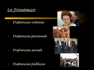 Lo Proxémico


•   Distancia íntima



•   Distancia personal



•   Distancia social



•   Distancia pública
 