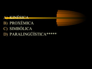 A)   KINÉSICA
B)   PROXÉMICA
C)   SIMBÓLICA
D)   PARALINGÜÍSTICA*****
 