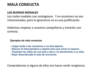  
MALA	
  CONDUCTA	
  
	
  
LOS	
  BUENOS	
  MODALES	
  
Los	
  malos	
  modales	
  son	
  contagiosos.	
  	
  Y	
  en	
  ocasiones	
  no	
  son	
  
intencionados,	
  pero	
  la	
  ignorancia	
  no	
  es	
  una	
  jus7ﬁcación.	
  
	
  
Debemos	
  respetar	
  a	
  nuestros	
  compañeros	
  y	
  tratarlos	
  con	
  
cortesía.	
  
	
  
	
  
	
  
	
  
	
  
	
  
	
  
	
  
Comprobemos	
  si	
  alguna	
  de	
  ellas	
  nos	
  hacen	
  sen7r	
  vergüenza.	
  
	
  
Ejemplos de mala conducta:
- Llegar tarde a las reuniones o no disculparse.
- Atascar la fotocopiadora y dejarla para que otros lo reparen.
- Trasladar las sillas de una sala a otra y no devolverlas a su sitio.
- Dejar desordenada la sala de reuniones.
 
