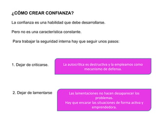 Las	
  lamentaciones	
  no	
  hacen	
  desaparecer	
  los	
  
problemas.	
  
Hay	
  que	
  encarar	
  las	
  situaciones	
  de	
  forma	
  ac7va	
  y	
  
emprendedora.	
  
La	
  autocrí7ca	
  es	
  destruc7va	
  y	
  la	
  empleamos	
  como	
  
mecanismo	
  de	
  defensa.	
  
¿CÓMO CREAR CONFIANZA?
La confianza es una habilidad que debe desarrollarse.
Pero no es una característica constante.
Para trabajar la seguridad interna hay que seguir unos pasos:
1. Dejar de criticarse.
2. Dejar de lamentarse
 