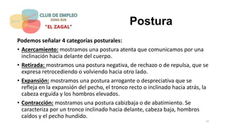 Postura
Podemos señalar 4 categorías posturales:
• Acercamiento: mostramos una postura atenta que comunicamos por una
inclinación hacia delante del cuerpo.
• Retirada: mostramos una postura negativa, de rechazo o de repulsa, que se
expresa retrocediendo o volviendo hacia otro lado.
• Expansión: mostramos una postura arrogante o despreciativa que se
refleja en la expansión del pecho, el tronco recto o inclinado hacia atrás, la
cabeza erguida y los hombros elevados.
• Contracción: mostramos una postura cabizbaja o de abatimiento. Se
caracteriza por un tronco inclinado hacia delante, cabeza baja, hombros
caídos y el pecho hundido.
14
 