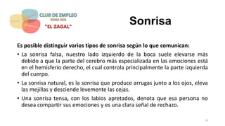Sonrisa
Es posible distinguir varios tipos de sonrisa según lo que comunican:
• La sonrisa falsa, nuestro lado izquierdo de la boca suele elevarse más
debido a que la parte del cerebro más especializada en las emociones está
en el hemisferio derecho, el cual controla principalmente la parte izquierda
del cuerpo.
• La sonrisa natural, es la sonrisa que produce arrugas junto a los ojos, eleva
las mejillas y desciende levemente las cejas.
• Una sonrisa tensa, con los labios apretados, denota que esa persona no
desea compartir sus emociones y es una clara señal de rechazo.
20
 