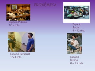 Espacio Público
12 + mts. Espacio
Social
4 – 12 mts.
Espacio Personal
1.5-4 mts. Espacio
Íntimo
0 – 1.5 mts.
PROXÉMICA
 
