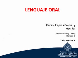 Lenguaje Oral
Curso: Expresión oral y
escrita
Profesora: Mag. Jenny
Herrera S.
SAG TARAPACÁ
LENGUAJE ORAL
 