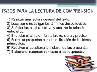 PASOS PARA LA LECTURA DE COMPRENSION 
1) Realizar una lectura general del texto. 
2) Localizar e investigar los términos desconocidos. 
3) Señalar las palabras clave y analizar la relación 
entre ellas. 
4) Enunciar el tema en forma breve, clara y precise. 
5) Formular preguntas para identificación de las ideas 
principales. 
6) Resolver el cuestionario incluyendo las preguntas. 
7) Elaborar el resumen con base a las respuestas. 
 