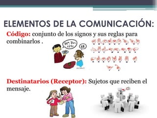 ELEMENTOS DE LA COMUNICACIÓN: 
Código: conjunto de los signos y sus reglas para 
combinarlos . 
Destinatarios (Receptor): Sujetos que reciben el 
mensaje. 
 
