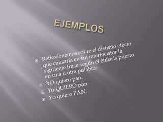 EJEMPLOSReflexionemos sobre el distinto efecto que causaría en un interlocutor la siguiente frase según el énfasis puesto en una u otra palabra:YO quiero pan.Yo QUIERO pan.Yo quiero PAN.