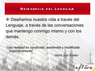 Relevancia del Lenguaje Diseñamos nuestra vida a través del Lenguaje, a través de las conversaciones que mantengo conmigo mismo y con los demás. “ Una realidad es construida, mantenida y modificada lingüísticamente”  Heinz voz Foster  
