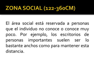 El área social está reservada a personas que el individuo no conoce o conoce muy poco. Por ejemplo, los escritorios de personas importantes suelen ser lo bastante anchos como para mantener esta distancia. 