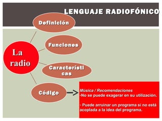 LENGUAJE RADIOFÓNICO
        Definición



           Funciones
 La
radio      Característi
               cas


                       Música / Recomendaciones
        Código         -No se puede exagerar en su utilización.

                       - Puede arruinar un programa si no está
                       acoplada a la idea del programa.
 