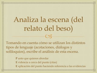 
Analiza la escena (del
relato del beso)
Tomando en cuenta cómo se utilizan los distintos
tipos de lenguaje (acotaciones, diálogos y
soliloquios), escribe el análisis de esta escena.
P unto que quieren abordar
E videncia a cerca del punto (citas)
E xplicación del punto haciendo referencia a las evidencias
 
