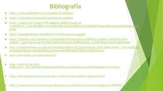 Bibliografía
 https://www.todamateria.com/productos-notables/
 https://wikimat.es/polinomios/productos-notables/
 https://platzi.com/clases/1449-algebra/16056-binomio-al-
cuadrado/#:~:text=Un%20binomio%20al%20cuadrado%20es,b%E2%80%9D%20son%20variables%20o%20coefici
entes
 https://lasmatesfaciles.com/2022/01/15/binomio-conjugado/
 https://steemit.com/castellano/@abdulmath/factorizacion-productos-notables-y-simplificacion-
gmath#:~:text=Factorizaci%C3%B3n%20y%20Productos%20Notables,si%20es%20que%20los%20hubiese
 http://campusvirtual.cua.uam.mx/material/tallerm/05_Factorizacion_html/index.html#:~:text=Esta%20
estrategia%20aplicada%20a%20la,polinomios%20se%20les%20llama%20factores
 https://www.lifeder.com/suma-algebraica/
 https://definicion.de/resta-
algebraica/#:~:text=Se%20dice%20que%20la%20resta,que%20disminuye%20en%20la%20operaci%C3%B3n).
 https://www.blogdematematicas.com/valor-numerico-de-una-expresion-algebraica.html
 https://www.buenastareas.com/ensayos/Multiplicacion-y-Division-De-Expresiones-Algebraicas/74089060.html
 