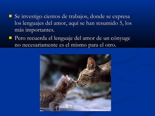  c Se investigo ciieennttooss ddee ttrraabbaajjooss,, ddoonnddee ssee eexxpprreessaa 
llooss lleenngguuaajjeess ddeell aammoorr,, aaqquuíí ssee hhaann rreessuummiiddoo 55,, llooss 
mmááss iimmppoorrttaanntteess.. 
 PPeerroo rreeccuueerrddaa eell lleenngguuaajjee ddeell aammoorr ddee uunn ccóónnyyuuggee 
nnoo nneecceessaarriiaammeennttee eess eell mmiissmmoo ppaarraa eell oottrroo.. 
 
