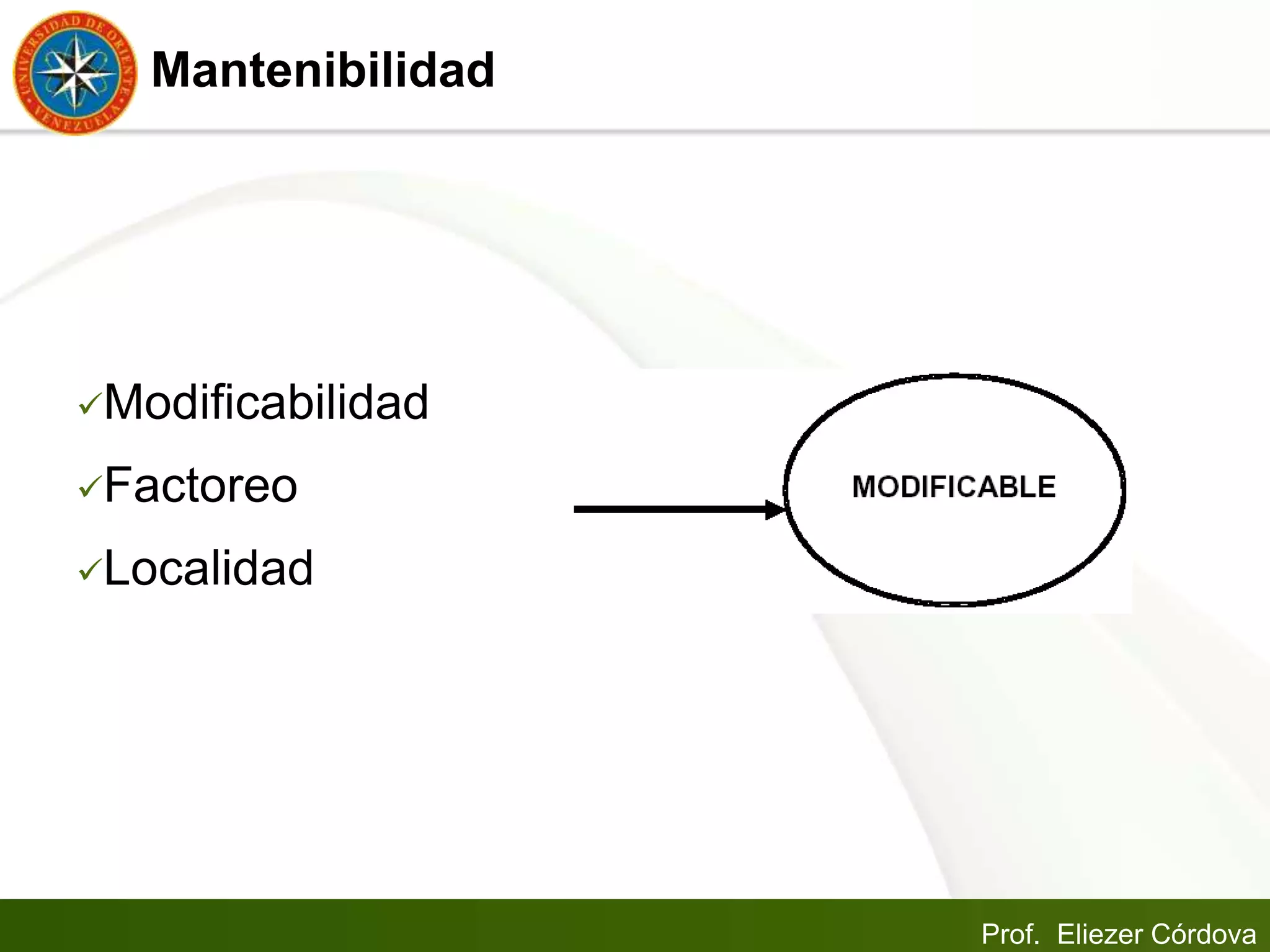 Prof. Eliezer Córdova
Mantenibilidad
Modificabilidad
Factoreo
Localidad
 