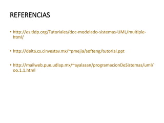 REFERENCIAS
• http://es.tldp.org/Tutoriales/doc-modelado-sistemas-UML/multiple-
html/
• http://delta.cs.cinvestav.mx/~pmejia/softeng/tutorial.ppt
• http://mailweb.pue.udlap.mx/~ayalasan/programacionDeSistemas/uml/
oo.1.1.html
 