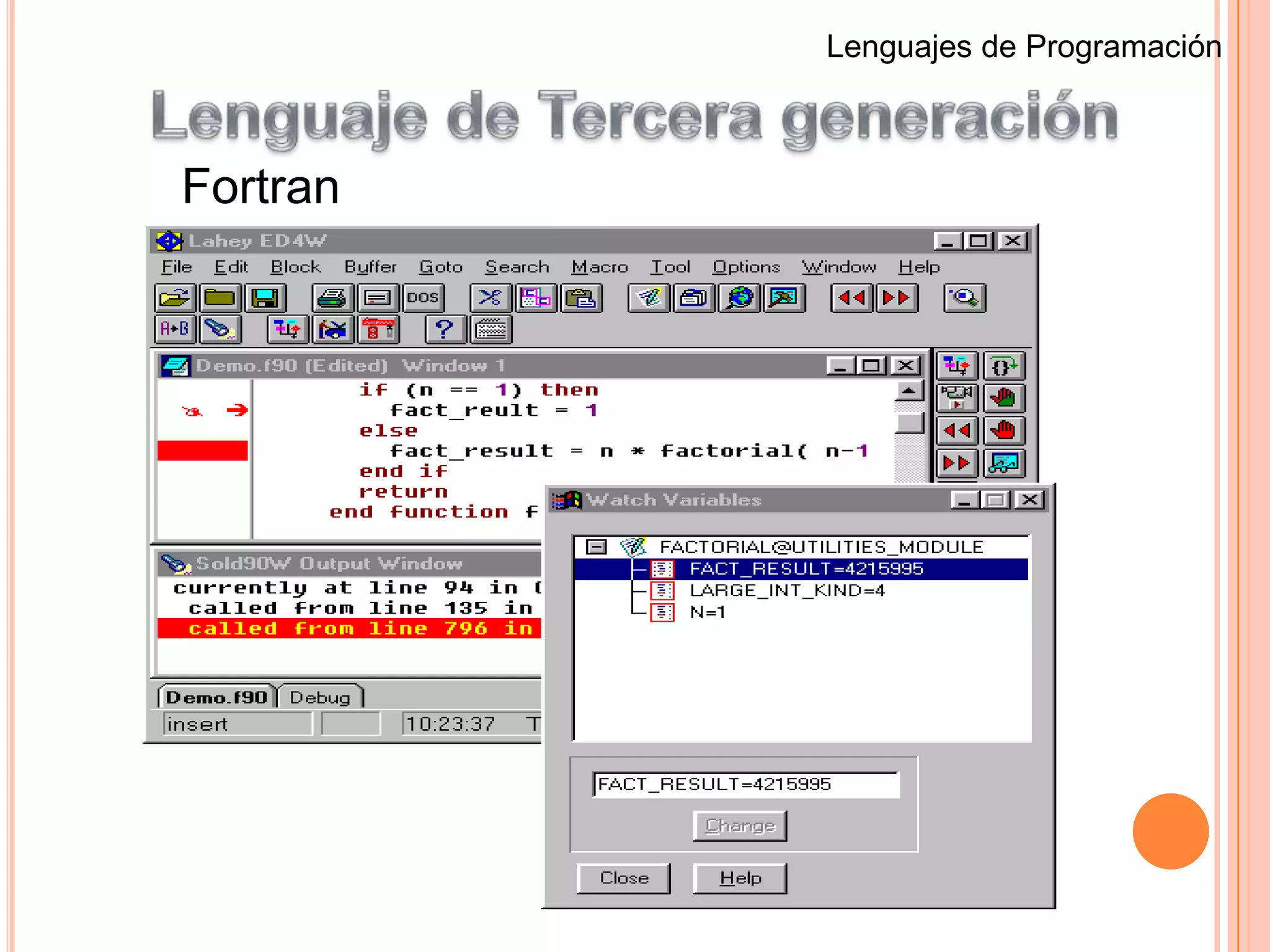 Lenguajes de ProgramaciónLenguaje de Tercera generaciónSe desarrolla entre los años 60. Sustituyen lasInstrucciones simbólicas por códigos independientes de la maquina. Tiene 3 categorías:Lenguaje orientado a procedimientos que
