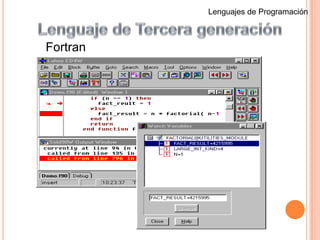 Lenguajes de ProgramaciónLenguaje de Tercera generaciónSe desarrolla entre los años 60. Sustituyen lasInstrucciones simbólicas por códigos independientes de la maquina. Tiene 3 categorías:Lenguaje orientado a procedimientos que