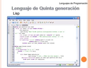 Lenguajes de ProgramaciónLenguaje de Cuarta generaciónSu característica distintiva es especificar que es lo que se debe hacer, en vez de como se debe ejecutar una tarea.El uso de frases y oraciones parecidas al ingles para emitir instrucciones.Acceso a base de datos. Capacidades graficas. Puede programarse visualmente como Visual Basic.