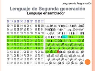 Lenguaje de Quinta generación.Lenguajes de ProgramaciónLenguaje de Primera generacionLenguaje de máquinaLas instrucciones de programación de primera generación se inscribieron a través de los interruptores del panel frontal del sistema informático.El principal beneficio del este lenguaje de programación es que el código que el usuario escribe puede correr muy rápido y eficiente, ya que se ejecuta directamente por la CPU. Sin embargo, en lenguaje de máquina es mucho más difícil de aprender que los lenguajes de programación de más alta generación, y es mucho más difícil de editar si se producen errores.Cada modelo de ordenador tiene su propio código, por esa razón se llama lenguaje de máquina.