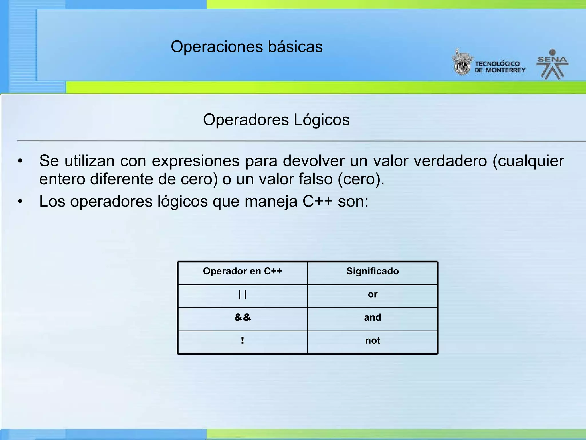Operadores Lógicos  Se utilizan con expresiones para devolver un valor verdadero (cualquier entero diferente de cero) o un valor falso (cero). Los operadores lógicos que maneja C++ son: not ! and && or | | Significado Operador en C++ 