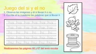 Juego del si y el no
1. Observa las imágenes y di si llevan h o no.
2. Escribe el tu cuaderno las palabras que si llevan h
Realizaremos las páginas 66 y 67 del texto escolar
 