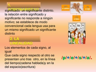 1. 
ARBITRARIEDAD 
: 
significado un significante distinto. 
la relación entre significado y 
significante no responde a ningún 
motivo; se establece de modo 
convencional cada lengua usa para 
un mismo significado un significante 
distinto 
2. LA 
LINEALIDAD 
Los elementos de cada signo, al 
igual 
Que cada signo respecto al otro se 
presentan uno tras otro, en la línea 
del tiempo(cadena hablada)y en la 
del espacio(escritura) 
/p/+/e/+/s/+/a/. 
 