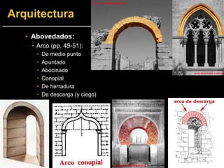 ▪ Abovedados:
▪ Arco (pp. 49-51):
 De medio punto
 Apuntado
 Abocinado
 Conopial
 De herradura
 De descarga (y ciego)
 