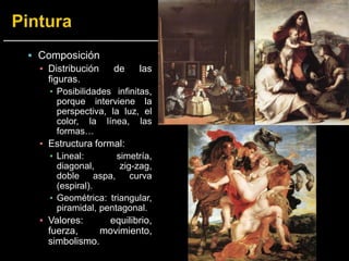  Composición
▪ Distribución de las
figuras.
▪ Posibilidades infinitas,
porque interviene la
perspectiva, la luz, el
color, la línea, las
formas…
▪ Estructura formal:
▪ Lineal: simetría,
diagonal, zig-zag,
doble aspa, curva
(espiral).
▪ Geométrica: triangular,
piramidal, pentagonal.
▪ Valores: equilibrio,
fuerza, movimiento,
simbolismo.
 
