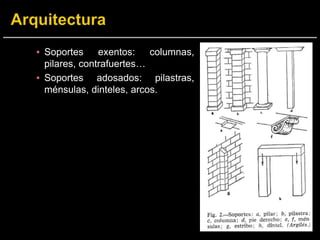 ▪ Soportes exentos: columnas,
pilares, contrafuertes…
▪ Soportes adosados: pilastras,
ménsulas, dinteles, arcos.
 