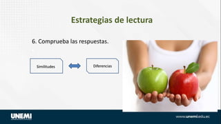 Estrategias de lectura
6. Comprueba las respuestas.
• .
Similitudes Diferencias
 