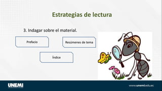 Estrategias de lectura
3. Indagar sobre el material.
• .
Prefacio
Índice
Resúmenes de tema
 