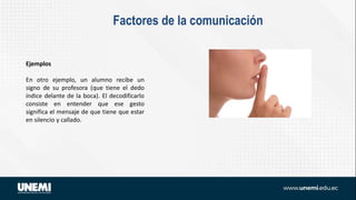 Factores de la comunicación
Ejemplos
En otro ejemplo, un alumno recibe un
signo de su profesora (que tiene el dedo
índice delante de la boca). El decodificarlo
consiste en entender que ese gesto
significa el mensaje de que tiene que estar
en silencio y callado.
 