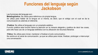Funciones del lenguaje según
Jackobson
Las funciones del lenguaje son:
Metalingüística: Se utiliza para referirnos a la propia lengua.
Se utiliza para hablar de la lengua en sí misma, es decir, que el código con el cual se da la
comunicación es además el referente.
•Poética: Se utiliza el lenguaje con un propósito estético.
Función poética esta función llama la atención en la manera elegante y poética de decir las cosas,
para ello hace uso de un lenguaje estilístico con la utilización de recursos literarios
•Fática: Se utiliza para iniciar, mantener o finalizar el acto comunicativo.
Se centra en el canal de comunicación, ya que se utiliza para iniciar, finalizar, prolongar o interrumpir
una conversación.
 
