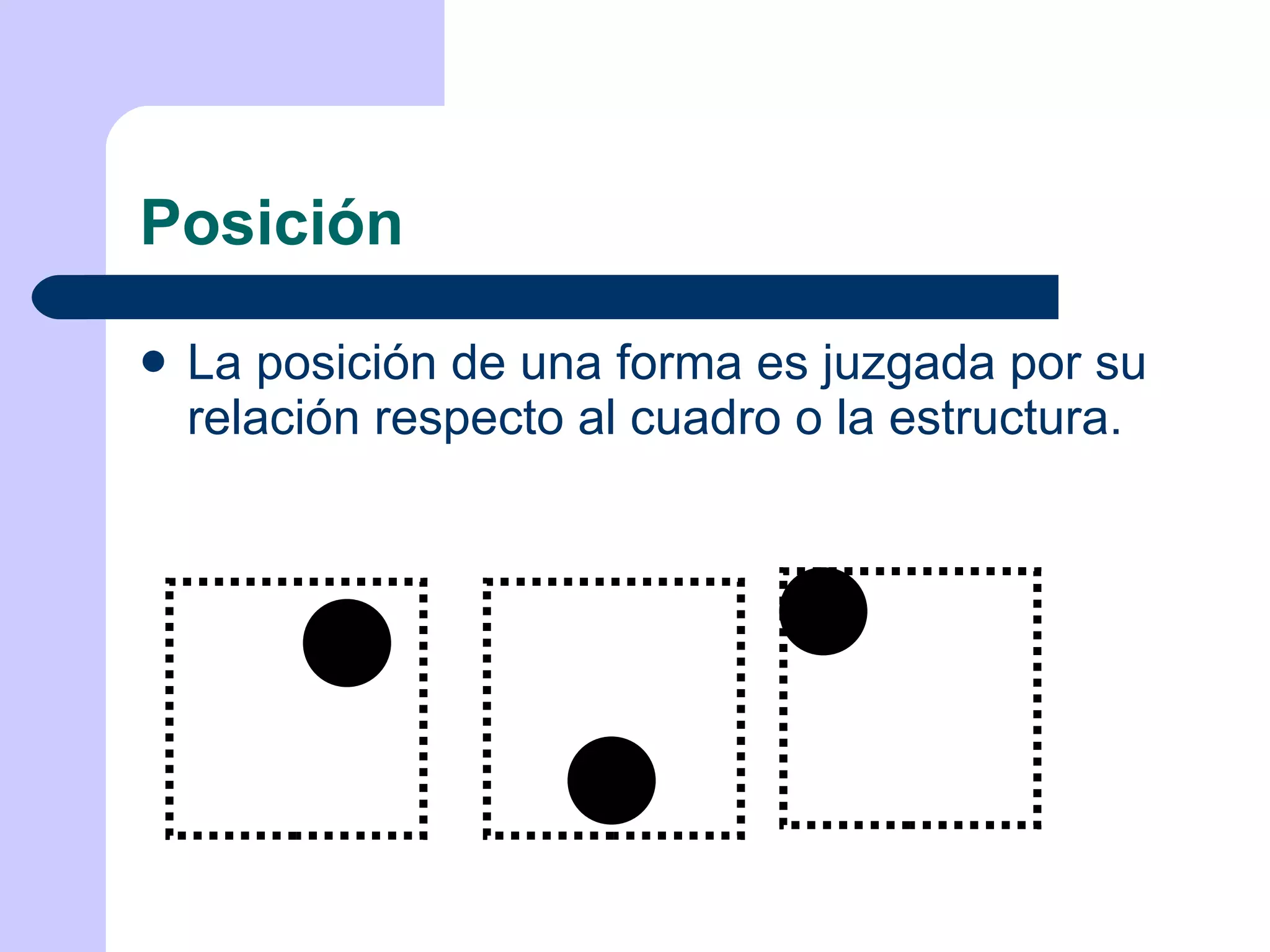 Posición La posición de una forma es juzgada por su relación respecto al cuadro o la estructura. 