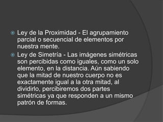 Ley de la Proximidad - El agrupamiento parcial o secuencial de elementos por nuestra mente.Ley de Simetría - Las imágenes simétricas son percibidas como iguales, como un solo elemento, en la distancia. Aún sabiendo que la mitad de nuestro cuerpo no es exactamente igual a la otra mitad, al dividirlo, percibiremos dos partes simétricas ya que responden a un mismo patrón de formas.