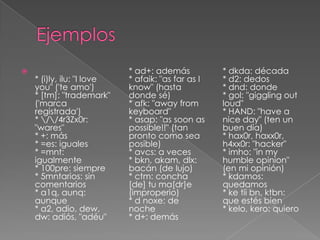                            * ad+: además           * dkda: década
    * (i)ly, ilu: "I love   * afaik: "as far as I   * d2: dedos
    you" ('te amo')         know" (hasta            * dnd: donde
    * [tm]: "trademark"     donde sé)               * gol: "giggling out
    ('marca                 * afk: "away from       loud"
    registrada')            keyboard"               * HAND: "have a
    * //4r3Zx0r:          * asap: "as soon as     nice day" (ten un
    "wares"                 possible!!" (tan        buen día)
    * +: más                pronto como sea         * hax0r, haxx0r,
    * =es: iguales          posible)                h4xx0r: "hacker"
    * =mnt:                 * avcs: a veces         * imho: "in my
    igualmente              * bkn, akam, dlx:       humble opinion"
    * 100pre: siempre       bacán (de lujo)         (en mi opinión)
    * 5mntarios: sin        * ctm: concha           * kdamos:
    comentarios             [de] tu ma[dr]e         quedamos
    * a1q, aunq:            (improperio)            * ke tii bn, ktbn:
    aunque                  * d noxe: de            que estés bien
    * a2, adio, dew,        noche                   * kelo, kero: quiero
    dw: adiós, "adéu"       * d+: demás
 