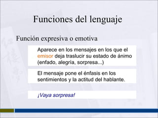 Funciones del lenguaje
Función expresiva o emotiva
Aparece en los mensajes en los que el
emisor deja traslucir su estado de ánimo
(enfado, alegría, sorpresa...)
El mensaje pone el énfasis en los
sentimientos y la actitud del hablante.

¡Vaya sorpresa!

 