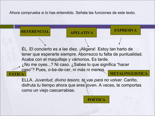 Ahora comprueba si lo has entendido. Señala las funciones de este texto.

REFERENCIAL

APELATIVA

EXPRESIVA

ÉL. El concierto es a las diez. ¡Aligera! Estoy tan harto de
tener que esperarte siempre. Aborrezco tu falta de puntualidad.
Acaba con el maquillaje y vámonos. Es tarde.
¿No me oyes...? Ni caso. ¿Sabes lo que significa “hacer
caso”? Pues, o-be-de-cer, ni más ni menos.

METALINGUISTICA

FÁTICA

ELLA. Juventud, divino tesoro, te vas para no volver. Cariño,
disfruta tu tiempo ahora que eres joven. A veces, te comportas
como un viejo cascarrabias.
POÉTICA

 