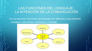 LAS FUNCIONES DEL LENGUAJE:
LA INTENCIÓN DE LA COMUNICACIÓN
Con la expresión funciones del lenguaje nos referimos a qué pretende
conseguir cada emisor mediante un mensaje.
 