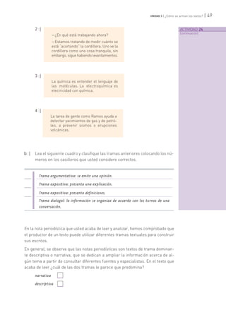 ACTIVIDAD 24
[continuación]
| 49UNIDAD 3 | ¿Cómo se arman los textos?
2 :|
—¿En qué está trabajando ahora?
—Estamos tratando de medir cuánto se
está “acortando” la cordillera. Uno ve la
cordillera como una cosa tranquila, sin
embargo, sigue habiendo levantamientos.
3 :|
La química es entender el lenguaje de
las moléculas. La electroquímica es
electricidad con química.
4 :|
La tarea de gente como Ramos ayuda a
detectar yacimientos de gas y de petró-
leo, a prevenir sismos o erupciones
volcánicas.
b :| Lea el siguiente cuadro y clasifique las tramas anteriores colocando los nú-
meros en los casilleros que usted considere correctos.
Trama argumentativa: se emite una opinión.
Trama expositiva: presenta una explicación.
Trama expositiva: presenta definiciones.
Trama dialogal: la información se organiza de acuerdo con los turnos de una
conversación.
En la nota periodística que usted acaba de leer y analizar, hemos comprobado que
el productor de un texto puede utilizar diferentes tramas textuales para construir
sus escritos.
En general, se observa que las notas periodísticas son textos de trama dominan-
te descriptiva o narrativa, que se dedican a ampliar la información acerca de al-
gún tema a partir de consultar diferentes fuentes y especialistas. En el texto que
acaba de leer ¿cuál de las dos tramas le parece que predomina?
narrativa
descriptiva
 