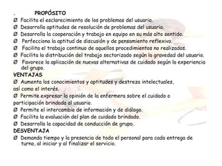 .        PROPÓSITO
Ø  Facilita el esclarecimiento de los problemas del usuario.
Ø  Desarrolla aptitudes de resolución de problemas del usuario.
Ø  Desarrolla la cooperación y trabajo en equipo en su más alto sentido.
Ø  Perfecciona la aptitud de discusión y de pensamiento reflexivo.
Ø  Facilita el trabajo continuo de aquellos procedimientos no realizados.
Ø  Facilita la distribución del trabajo sectorizado según la gravedad del usuario.
Ø  Favorece la aplicación de nuevas alternativas de cuidado según la experiencia
    del grupo.
VENTAJAS
Ø  Aumenta los conocimientos y aptitudes y destreza intelectuales,
así como el interés.
Ø  Permite expresar la opinión de la enfermera sobre el cuidado o
participación brindada al usuario.
Ø  Permite el intercambio de información y de diálogo.
Ø  Facilita la evaluación del plan de cuidado brindado.
Ø  Desarrolla la capacidad de conducción de grupo.
DESVENTAJA
Ø  Demanda tiempo y la presencia de todo el personal para cada entrega de
    turno, al iniciar y al finalizar el servicio.
 