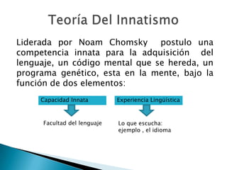 Liderada por Noam Chomsky postulo una
competencia innata para la adquisición del
lenguaje, un código mental que se hereda, un
programa genético, esta en la mente, bajo la
función de dos elementos:
Capacidad Innata Experiencia Lingüística
Facultad del lenguaje Lo que escucha:
ejemplo , el idioma
 