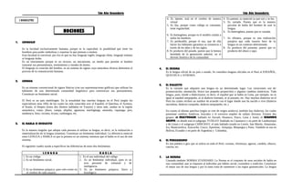 NOCIONES
2do Año Secundaria 2do Año Secundaria
1. LENGUAJE
Es la facultad exclusivamente humana, porque es la capacidad, la posibilidad que tiene los
hombres para poder simbolizar y expresar lo que piensan o sienten.
Esta facultad es universal, por eso es que no hay lenguaje inglés, lenguaje chino, lenguaje italiano
ni lenguaje árabe.
Es un instrumento porque es un recurso, un mecanismo, un medio que permite al hombre
trasuntar sus pensamientos, sentimientos y estados de ánimo.
El lenguaje es creación del hombre, es un sistema de signos cuya naturaleza diversa determina el
proceso de la comunicación humana.
2. LENGUA
Es un sistema convencional de signos fónicos (con sus representaciones gráficas) que utilizan los
hablantes de una determinada comunidad lingüística para exteriorizar sus pensamientos.
Constituye un fenómeno social.
El Perú es un país multilingüe. En la actualidad hay muchas lenguas en el Perú (según los
especialistas unas 100); de las cuales las más conocidas son: el Español, el Quechua, el Aymara,
el Kauki, el Haqaru (estos dos últimos hablados en Yauyos) y otros más, usadas en la región
amazónica, como: jíbaro, campa, shipibo, aguaruna, machigüega, amuesha, capanaga, piro,
amahuaca, bora, cocama, ticuna, cashinagua, etc.
3. EL HABLA O IDIOLECTO
Es la manera singular que adopta cada persona al utilizar su lengua, es decir, es la realización o
materialización de la lengua (sistema). Constituye un fenómeno individual. La diferencia esencial
entre LENGUA y HABLA es que la primera es un sistema; mientras que el habla es el uso de este
sistema.
El siguiente cuadro ayuda a especificar las diferencias de estos dos fenómenos:
L E N G U A H A B L A
1. Es un código
2. Es un fenómeno social.
3. Es un fenómeno psíquico, pues solo existe en
el cerebro de cada usuario.
1. Es el uso individual del código
2. Es un fenómeno individual, pues es un
acto personal de voluntad y de
inteligencia.
3. Es un fenómeno psíquico, físico y
fisiológico.
4. Es latente, está en el cerebro de manera
virtual
5. Es fija, porque como código es constante,
tiene regularidad.
6. Es homogénea, porque es el modelo común a
todos los hombres.
7. Es perdurable, porque el uso, que de ella
hacen los hablantes garantiza su existencia a
través de los años y de los siglos.
8. Es producto del pasado, puesto que la hemos
heredado de la generación anterior, en el
devenir histórico de la comunidad.
4. Es patente, es material ya que oye y se lee.
5. Es variada. Puesto que es la manera
peculiar de habla del hombre de usar la
lengua.
6. Es heterogénea, puesto que es variada.
7. Es efímera, porque es una realización
pasajera que cada usuario hace de la
lengua en un contexto determinado.
8. Es producto del presente, puesto que es
producto del ahora y aquí.
4. EL IDIOMA
Es la lengua oficial de un país o estado. Se considera lenguas oficiales en el Perú al ESPAÑOL,
QUECHUA y AYMARA.
5. EL DIALECTO
Es la variante que adquiere una lengua en un determinado lugar. Las variaciones son de:
pronunciación, entonación, léxico (en pequeña proporción) y algunos cambios sintácticos. Toda
lengua, pues, tiende a dialectizarse, es decir, el español que se habla en Lima, por ejemplo, no es
igual al español arequipeño, ni al dialecto loretano, ni al piurano, etc. Hay muchos dialectos en el
Perú los cuales reciben un nombre de acuerdo con el lugar donde uno ha nacido o vive (dialecto
ancashino, dialecto cuzqueño, dialecto arequipeño, etc.)
En cuanto al idioma quechua (según se cree de origen asiático); también hay dialectos, los cuales
presentan cambios fonéticos, lexicales y el excesivo empleo de sufijos diversos. Existen dos
grupos: el HUAYHUASH, hablado en Ancash, Huanuco, Pasco, Lima y Junín; el SEGUNDO
GRUPO, en donde está el subgrupo YUNGAY (hablado en Cajamarca y en parte de Lambayeque
y de Lima) y el subgrupo CHINCHAY, el más hablado (usado en Loreto, San Martín, Amazonas,
Ica, Huancavelica, Ayacucho, Cuzco, Apurímac, Arequipa, Moquegua y Puno. También se usa en
Bolivia, Ecuador y en parte de Argentina y Colombia.
6. EL PERUANISMO
Es una palabra o giro que se utiliza en todo el Perú: coronta, chirimoya, agarrar, candela, ollucos,
cancha, etc.
7. LA NORMA
Llamada también NORMA STANDARD. La Norma es el conjunto de usos sociales de habla en
una comunidad, que se imponen al individuo por hábito social, costumbre o tradición. Constituye
el mejor uso de una lengua y por lo tanto trata de someterse a las reglas gramaticales. La lengua
I BIMESTRE
 